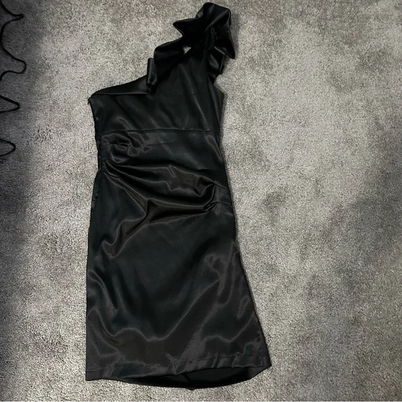 Taboo Black One Shoulder Satin Dress Ruched Cocktail Party Coquette Y2K 6 - Picture 4 of 11